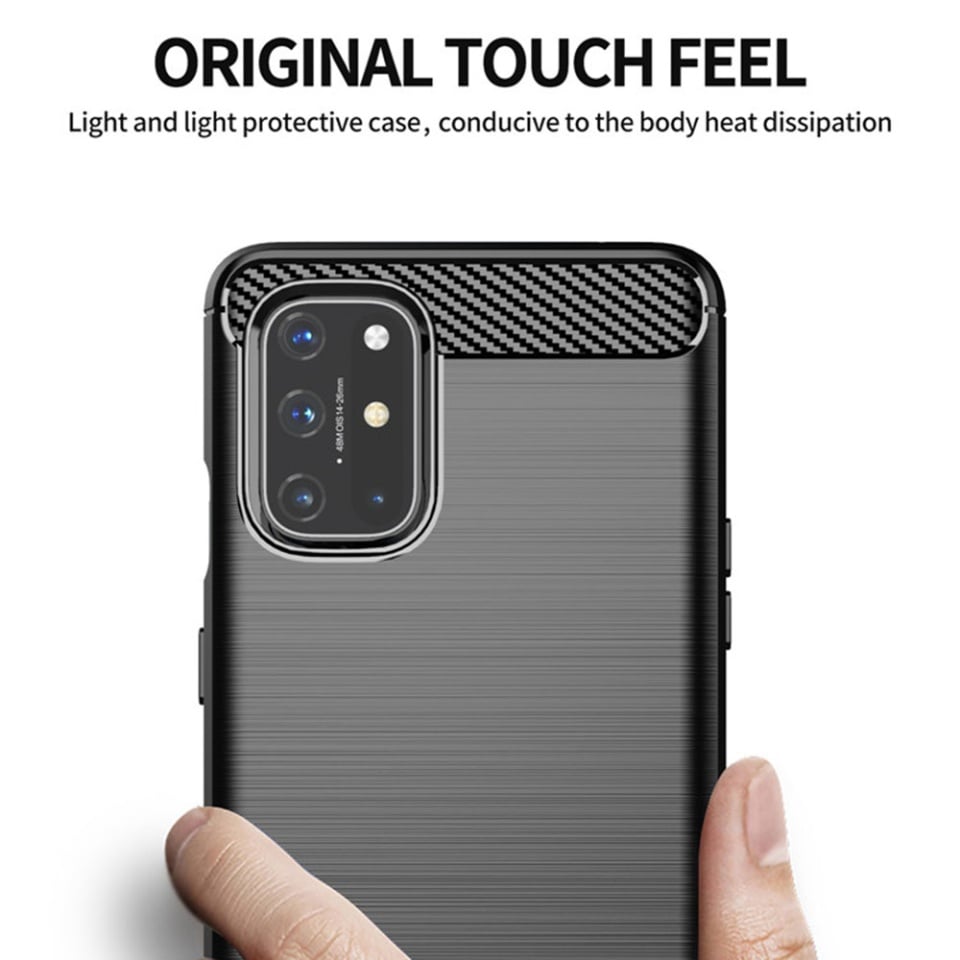 Husa pentru OnePlus 9, SKYDDAR INNOVATION, Carbon Silicone, din Silicon Slim, cu textura Fibra Carbon, set cu sticker, Negru