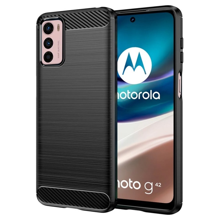 Husa pentru Motorola Moto G42, SKYDDAR INNOVATION, Carbon Silicone, din Silicon Slim, cu textura Fibra Carbon, set cu sticker, Negru