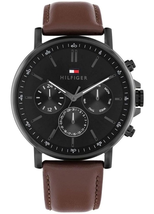 Ceas barbatesc Tommy Hilfiger, model 1710704, negru, curea din piele maro, mecanism quartz, rezistent la apa 50m