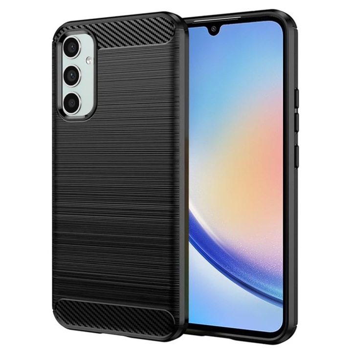 Husa pentru Samsung Galaxy A34 5G, SKYDDAR INNOVATION, Carbon Silicone, din Silicon Slim, cu textura Fibra Carbon, set cu sticker, Negru