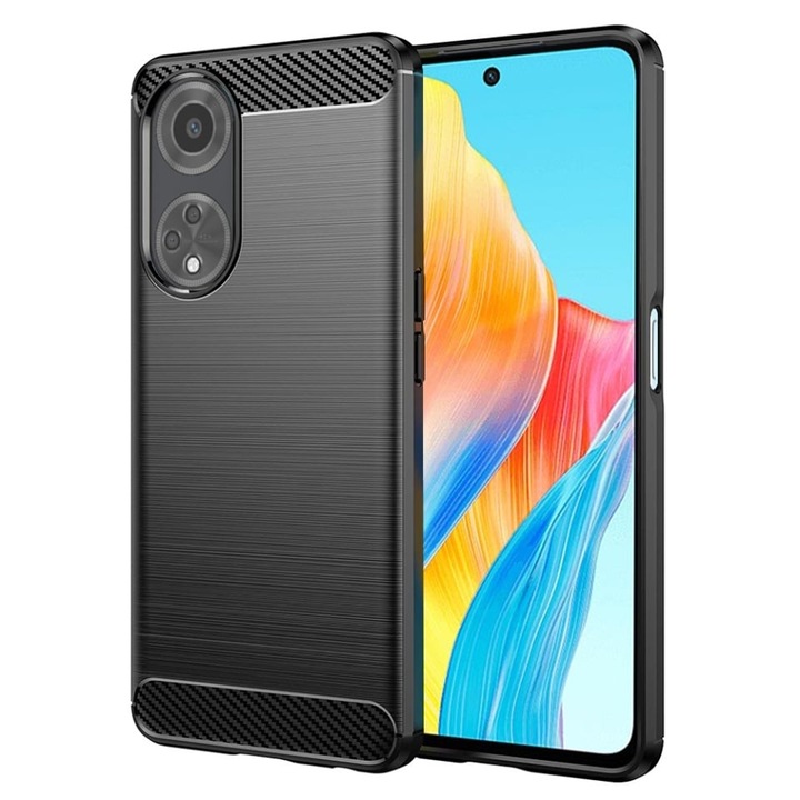 Husa pentru Oppo A98 5G, SKYDDAR INNOVATION, Carbon Silicone, din Silicon Slim, cu textura Fibra Carbon, set cu sticker, Negru