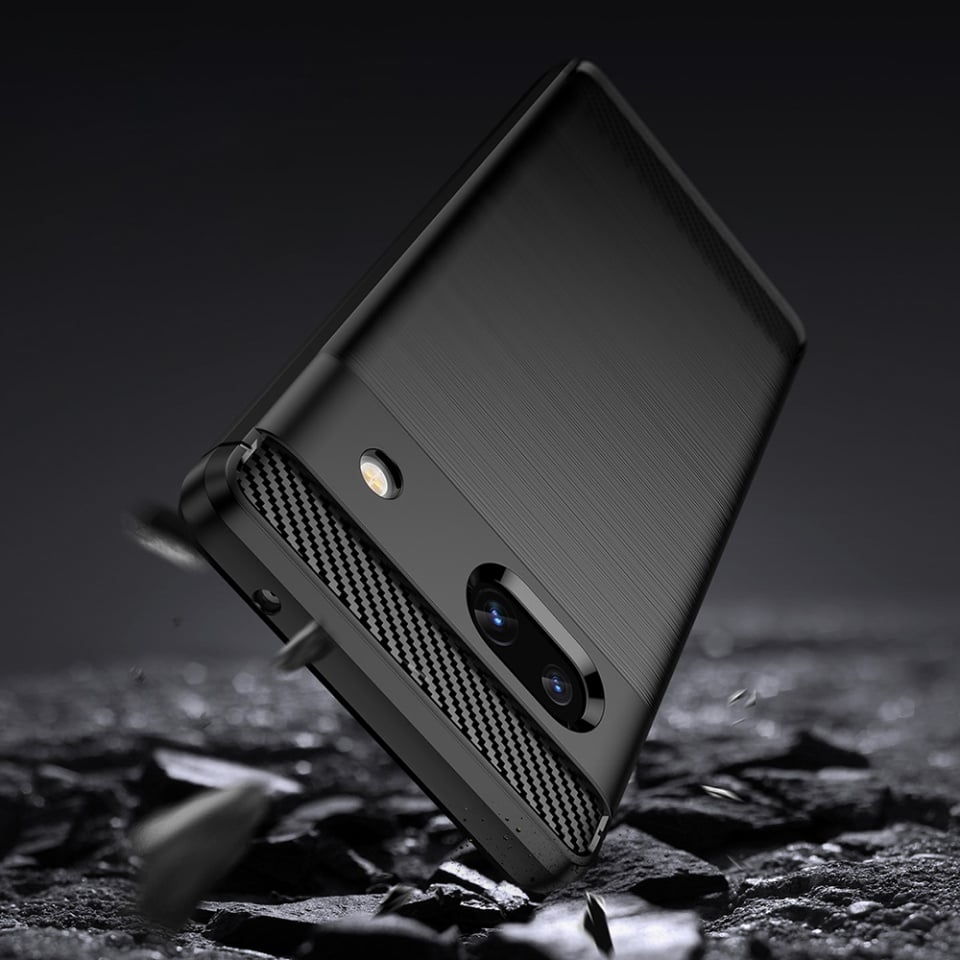 Husa pentru Google Pixel 7a, SKYDDAR INNOVATION, Carbon Silicone, din Silicon Slim, cu textura Fibra Carbon, set cu sticker, Negru