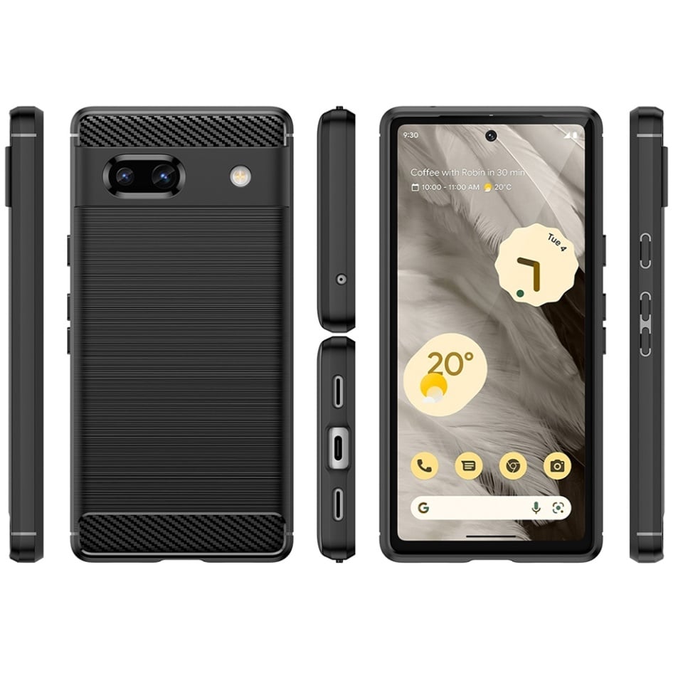 Husa pentru Google Pixel 7a, SKYDDAR INNOVATION, Carbon Silicone, din Silicon Slim, cu textura Fibra Carbon, set cu sticker, Negru