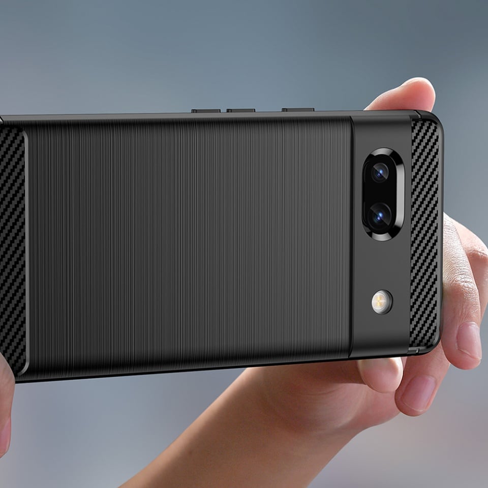 Husa pentru Google Pixel 7a, SKYDDAR INNOVATION, Carbon Silicone, din Silicon Slim, cu textura Fibra Carbon, set cu sticker, Negru