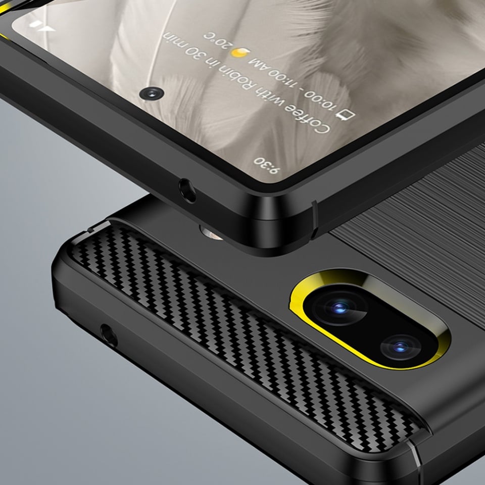 Husa pentru Google Pixel 7a, SKYDDAR INNOVATION, Carbon Silicone, din Silicon Slim, cu textura Fibra Carbon, set cu sticker, Negru