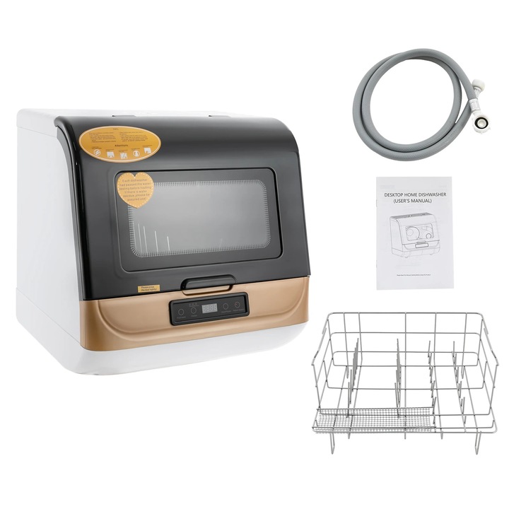 Masina de spalat vase portabila moderna DWS-T05, 800W, 220V, mini, cu furtun de apa, Culoare Aurie/Alb, pentru blat de bucatarie
