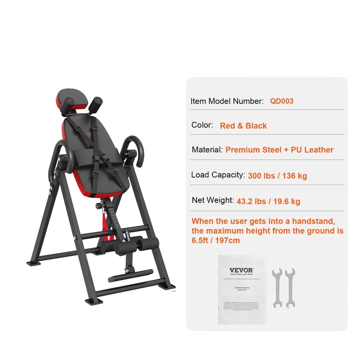 Masa de inversare, vevor, constructie robusta, inaltime ajustabila, rosu si negru, design pliabil