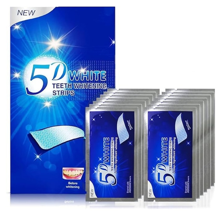 Benzi de albire a dintilor 5D, 14 seturi a cate 28 de benzi de albire, pentru indepartarea petelor de cafea, curatarea dintilor, pete galbene de fum, pete de ceai, igiena orala, kit eficient de albire a dintilor la domiciliu