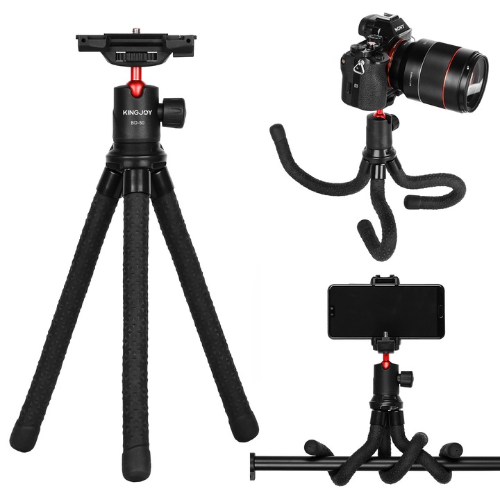 Trepied Foto Telescopic Profesional, Pentru Telefon / Camera Foto / GoPro, Rotatie 360°, Ajustabil, Universal, Suport de Telefon Inclus, Negru