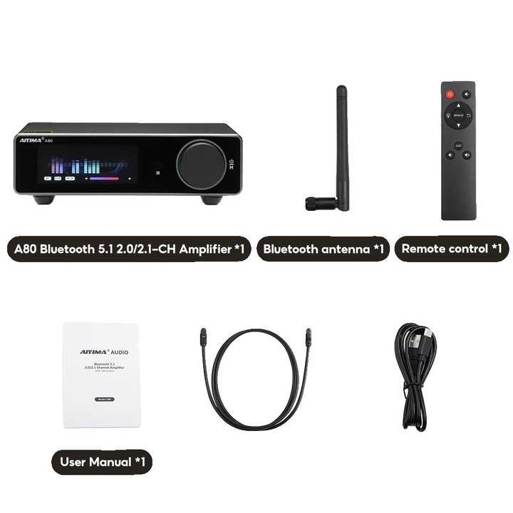 Стерео усилвател, A80, 2 канала, Bluetooth, USB, компактен дизайн