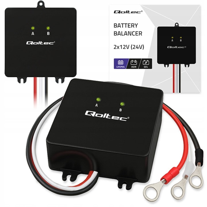 Balansor Tensiune Inteligent Qoltec, Balancer Automat Baterii 2x12V pentru Sistem 24V, Compatibil LiFePO4 AGM GEL, Curent Echilibrare 5A, Cu Protectie Polaritate Inversa, Cabluri Robuste M8 Incluse, Ideal Sisteme Fotovoltaice, Autorulote, B