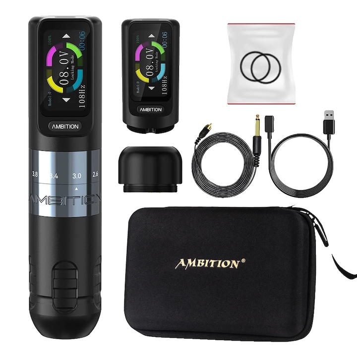 Машина за татуиране, Ambition, регулиране на хода, безядрен мотор, сребриста, комплект с две батерии, 148x34 мм