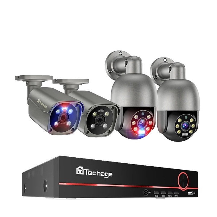 8-канален NVR комплект за видеонаблюдение с 4 камери, 4K резолюция, двупосочно аудио, 3TB твърд диск, 35x25x20см