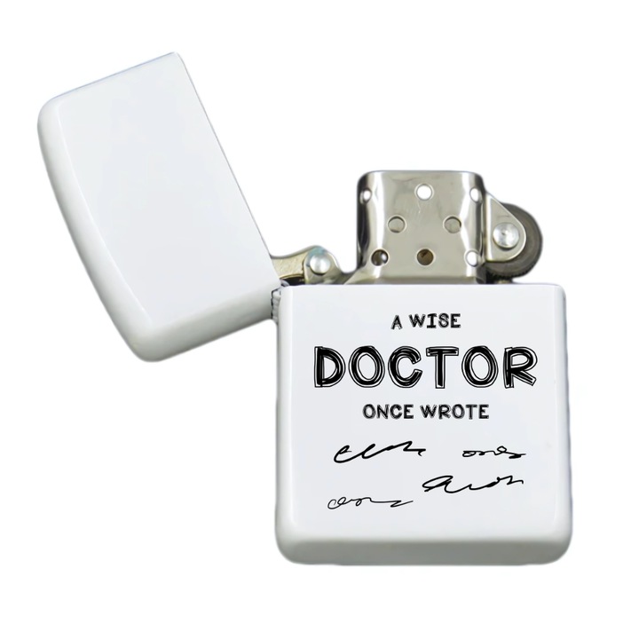 Brigheta personalizata pentru doctor/medic cu mesaj amuzant, alba, cutie inox