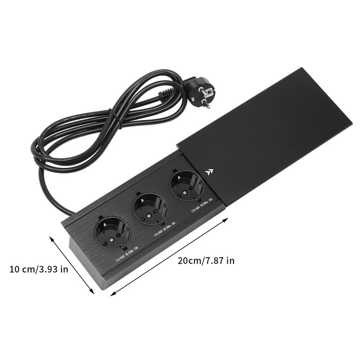 Priza birou, 3 prize, aluminiu, IP54, 150x80x50mm, negru