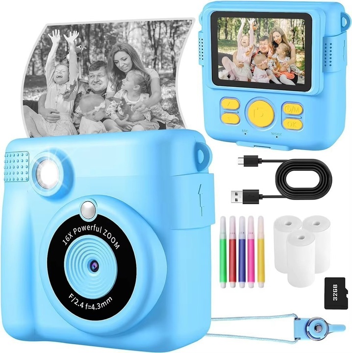 Camera digitala instantanee pentru copii, 8MP, 1080P video, alb-negru, 2.4 inch, set cu 3 role hartie foto