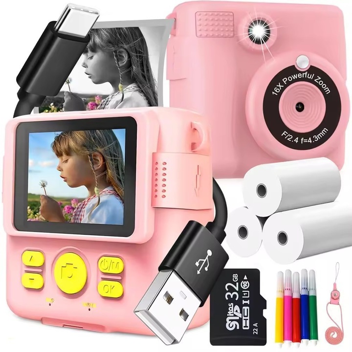 Aparat foto instant pentru copii, ecran HD de 2, 4 inci, rezolutie 1080p, poate face fotografii, inregistra videoclipuri si imprima instantaneu, vine cu 3 role de hartie de imprimare si 5 pixuri colorate, 32G, Roz