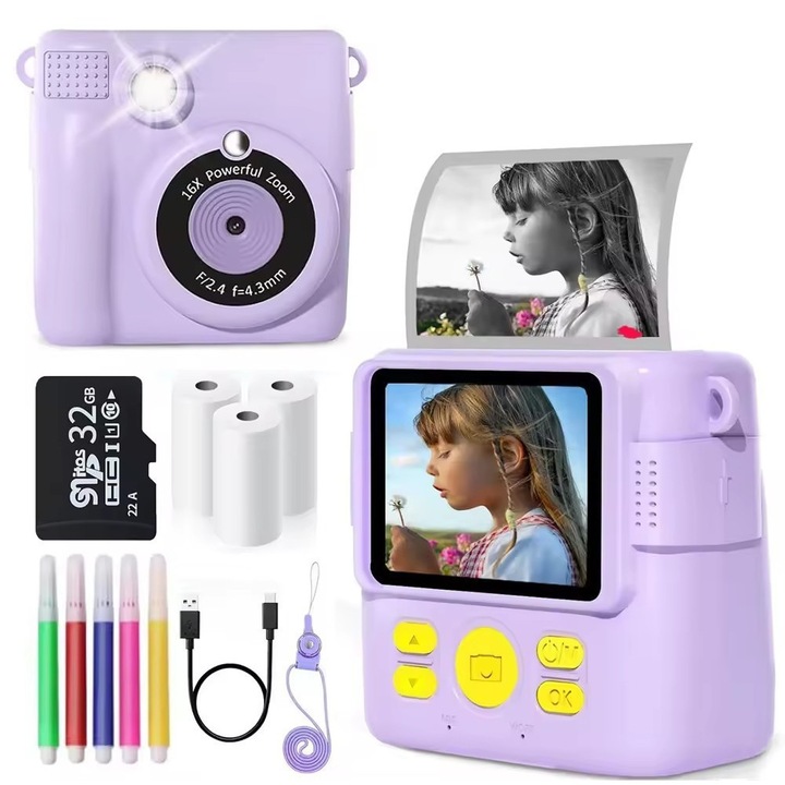 Детска камера за моментално снимане, 2.4-инчов HD екран, резолюция 1080p, може да прави снимки, да записва видеоклипове и да печата мигновено, предлага се с 3 ролки хартия за печат и 5 цветни химикалки, 32G, лилава