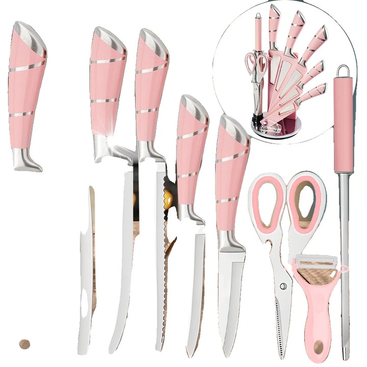Set de cutite de bucatarie, maner ergonomic, constructie durabila, roz