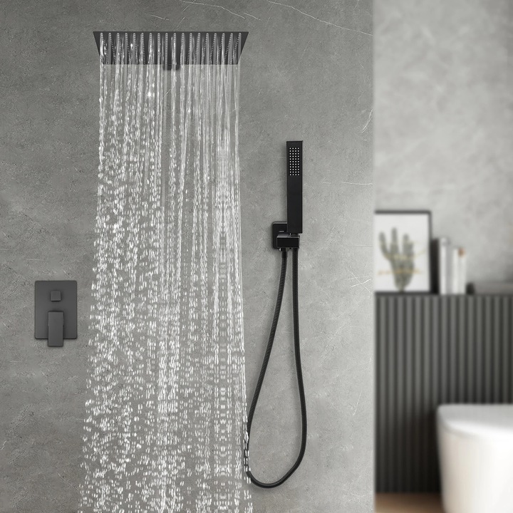 Set Dus Montat in Perete, Sistem Dus pentru Baie, Argintiu/Negru, Flush-Mounted, Culoare Argintie/Negra