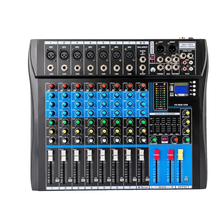 Mixer audio, 8 canale, conectivitate Bluetooth, negru, dimensiuni compacte