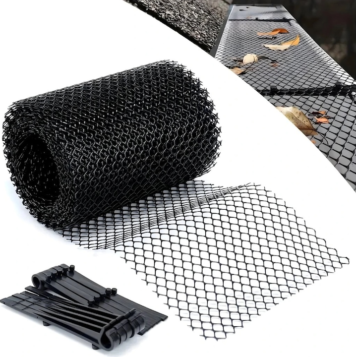 Plasa de protectie pentru jgheburi si streasini, Zola, 10 cleme fixare, 15 x 600 cm, rezistenta la apa si UV, neagra