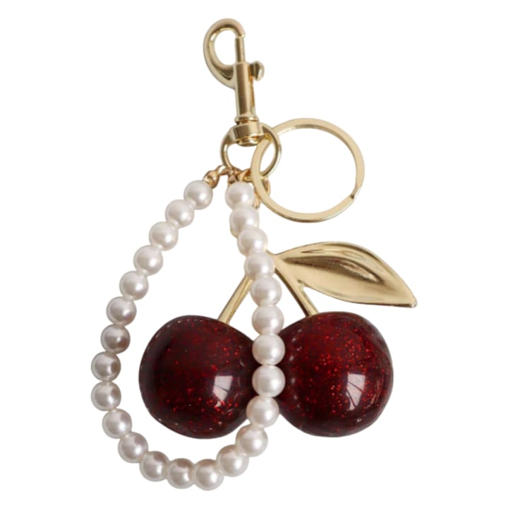 Breloc model Doua Cirese mari cu bratara de perle, potrivit pentru cadou, rosu/auriu
