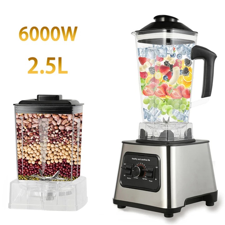 Blender de bucatarie, blender de masa, motor 6000W, recipient 2, 5 l, lame inox, zdrobire gheata si nuci, aparat smoothie si storcator centrifugal, priza UE