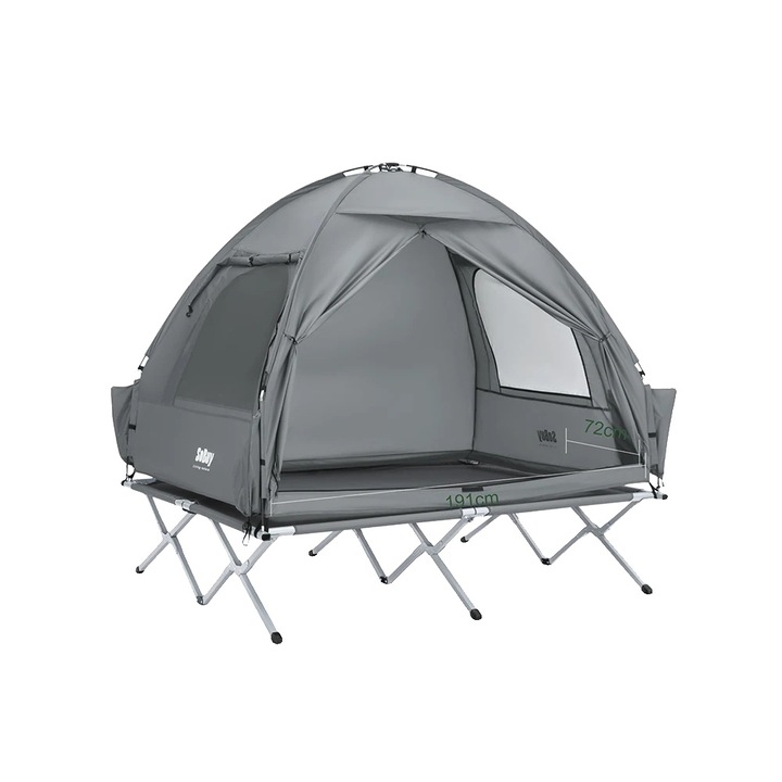 Kempingsátor, könnyen összeszerelhető, zseblámpa akasztóval, szürke, 193x145x185cm, 4 db-os cipőzsák szett