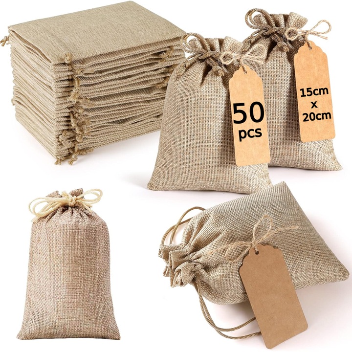 Set 50 saculeti cadou TopGearWorld, Iuta, reutilizabili, 15x20cm, Maro