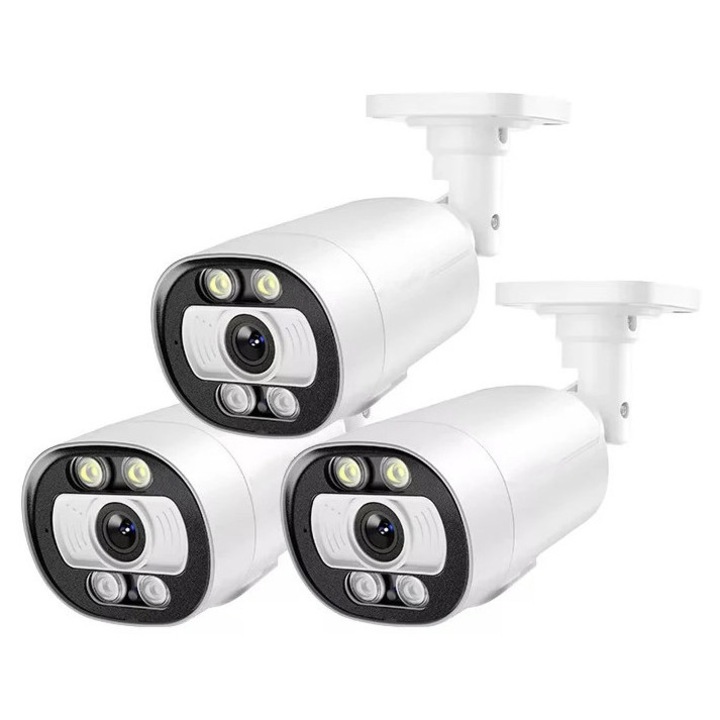 Set 3 camere de supraveghere 5MP, detectie miscare AI, comunicare audio bidirectionala, IP66, 48V POE