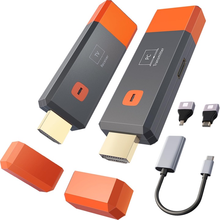 Transmitator si receptor HDMI wireless, streaming fara intarziere. 50 m, decodare 4K catre iesire 1080P, HDMI wireless cu banda duala 2.4G+5.8G Plug and Play, potrivit pentru PC/Camera/Proiector/STB/Monitor