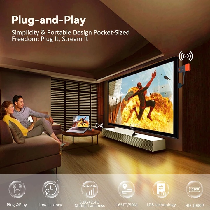 Transmitator si receptor HDMI wireless, streaming fara intarziere. 50 m, decodare 4K catre iesire 1080P, HDMI wireless cu banda duala 2.4G+5.8G Plug and Play, potrivit pentru PC/Camera/Proiector/STB/Monitor