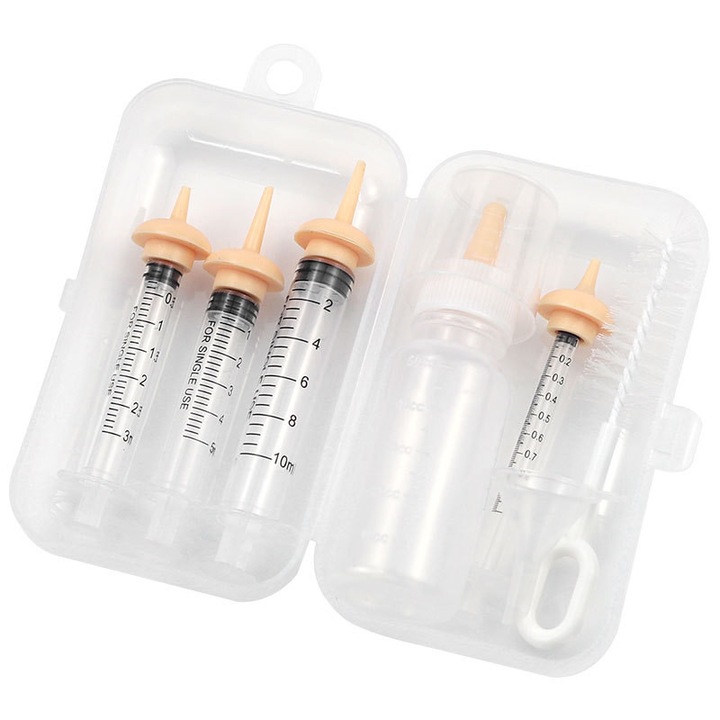 Бутилка за хранене на малки животни, Rqiurpn, Шише за хранене на кученца, котки, зайци и катерици, Комплект със спринцовка за хранене на новородени, Силикон/Пластмаса, Многоцветен