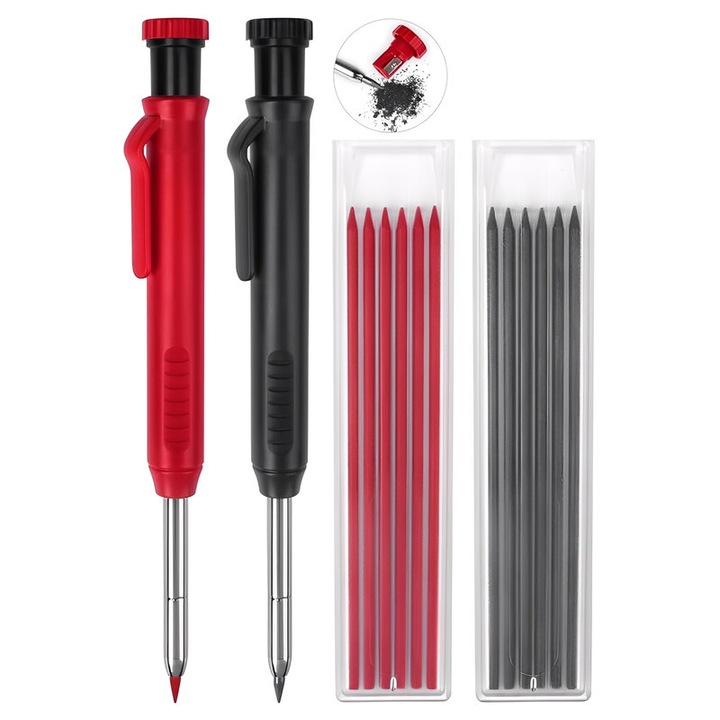 Комплект 2 Автоматични Моливи за Дърводелци, TREXORA, 12 Пълнителя, Преносим Дизайн, Червено/Черно