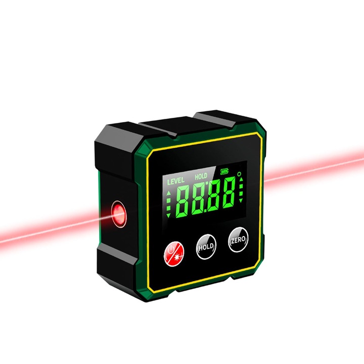 Inclinometru Digital Portabil cu Laser, Baza Magnetica, Multifunctional, Afisaj LCD, Aparat Masurat Unghiuri, Rezistent la Socuri si Apa, Negru/Verde