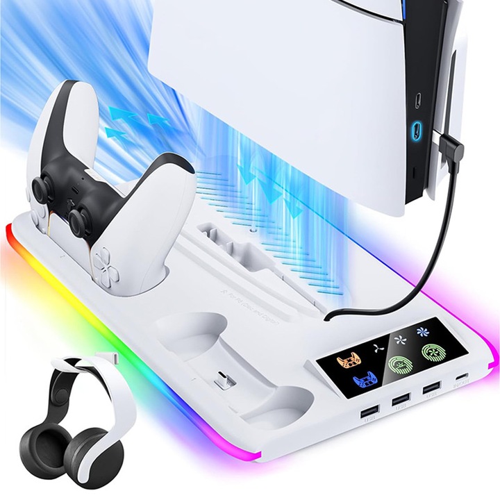 PS5 hűtő- és töltőállomás, Rqiurpn, Kettős kontroller töltés, 3 sebességes ventilátor, Fejhallgató tartó, LED kijelző, 3 USB port, Könnyen használható, PS5/PS5 Slim/Pro, Fehér