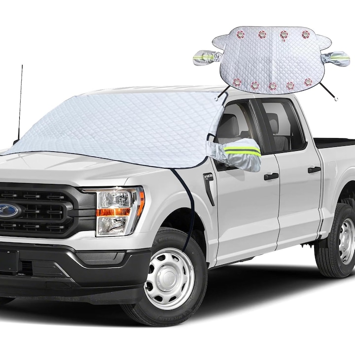 Parasolar pentru protectie parbriz si oglinzi cu banda reflectorizanta, 9 magneti, anti inghet, folie auto, lngrosare material cu 5 straturi, universal, 165 x 126 cm, Argintiu