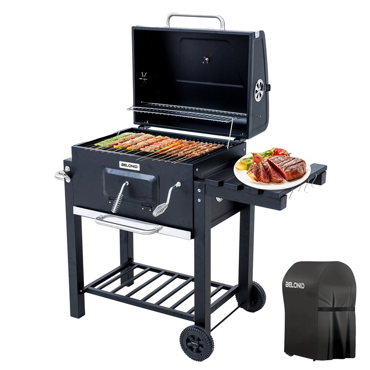 Gratar de gradina, zona de gatit extra-large, control temperatura ajustabil, negru, 113x55x104cm