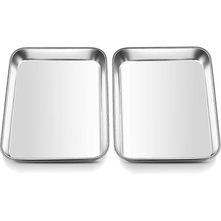 Set de 2 tavi de copt din otel inoxidabil, 23.7cmx17.7cmx2.5cm, pentru prajituri si servire