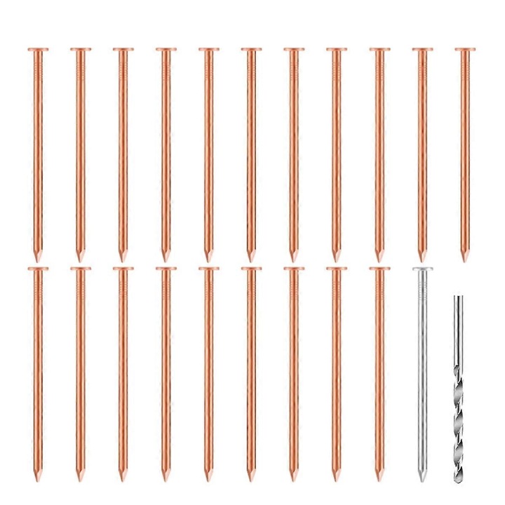Set 20 cuie din cupru pentru arbori si stalpi, 9cm, cu 1 cui din inox si 1 burghiu