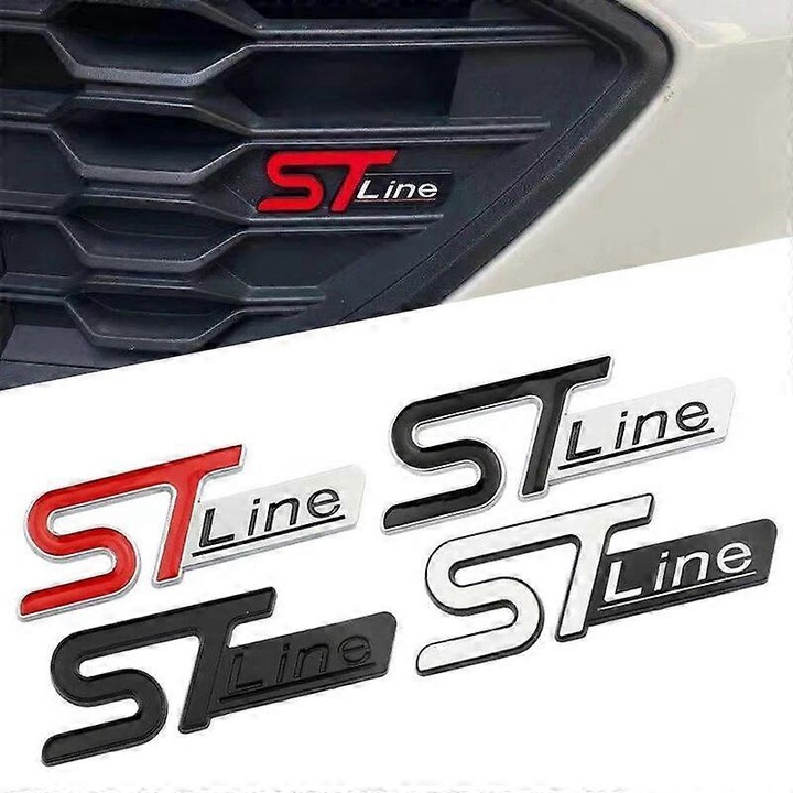 Emblema metalica Ford ST Line pentru grila si portbagaj, autocolant auto, dimensiuni 100x34mm, rosu-silver, set 1 bucata