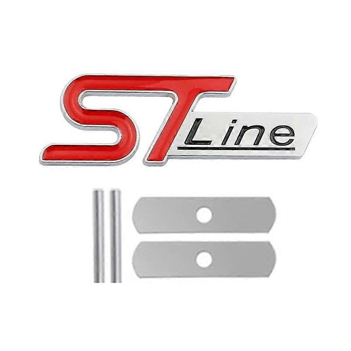 Emblema metalica Ford ST Line, autocolant auto, 80x27mm, rosu-silver, set 1 bucata