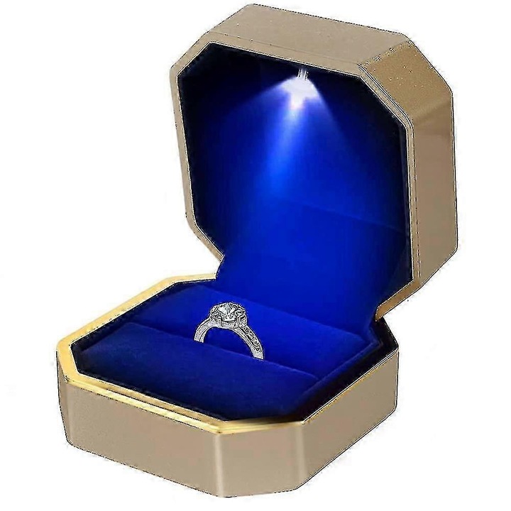 Cutie bijuterii pentru inel de logodna cu LED, design patrat, aurie, 3x3x2inch, set