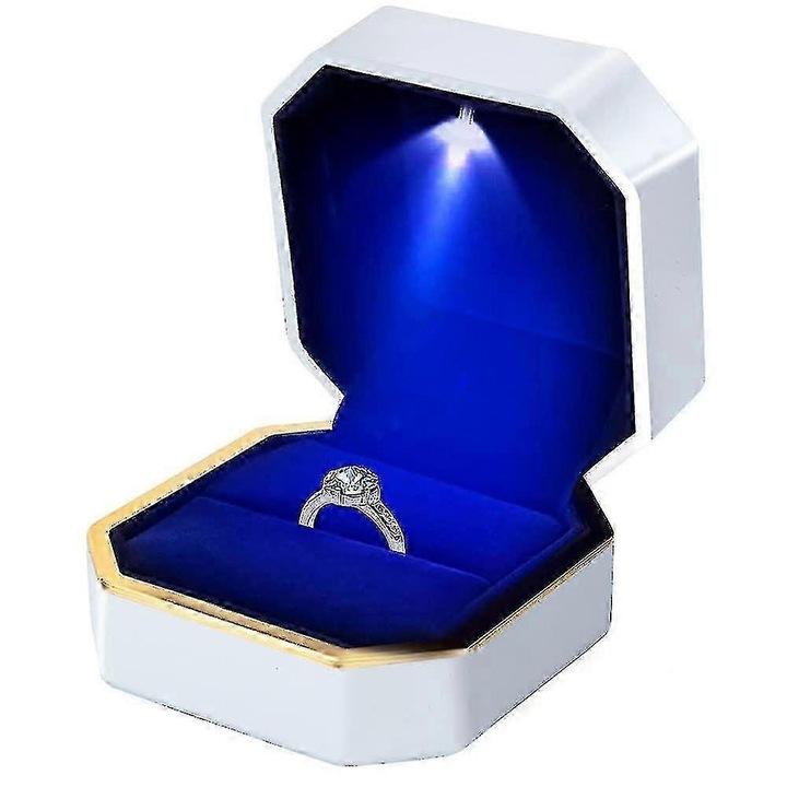 Cutie bijuterii pentru inel de logodna cu LED, design patrat, negru cu auriu, 3x3x2 inch