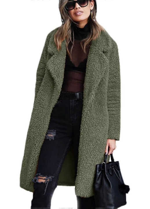 Palton lung, maneca lunga, deschis in fata, pufos, verde militar, poliester