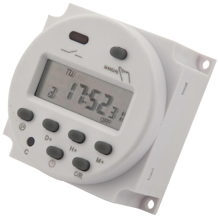 Timer programabil digital 12V, 16A, LCD, 1 minut interval, 62x60x33mm