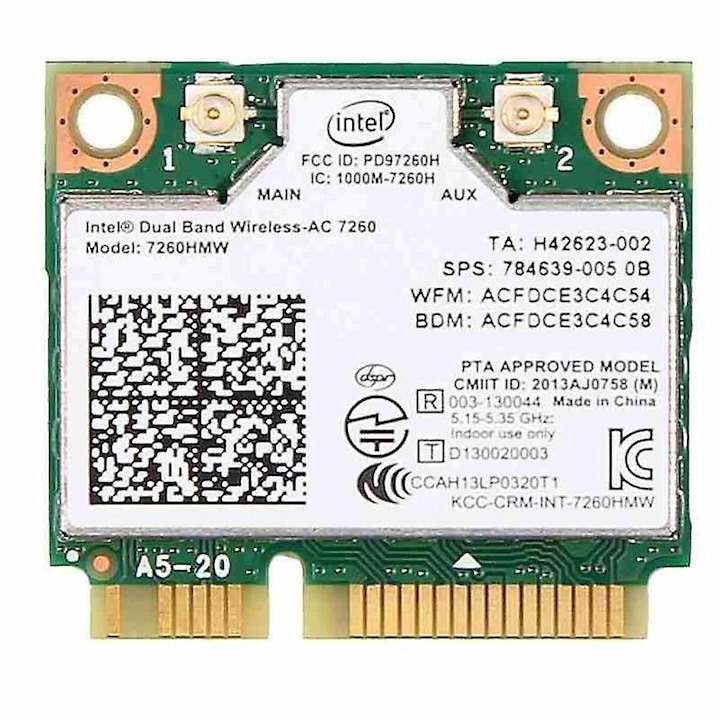 Безжична карта Intel 7260AC, 802.11AC, 2.4G 300Mbps, 5G 867Mbps, MINI PCIE