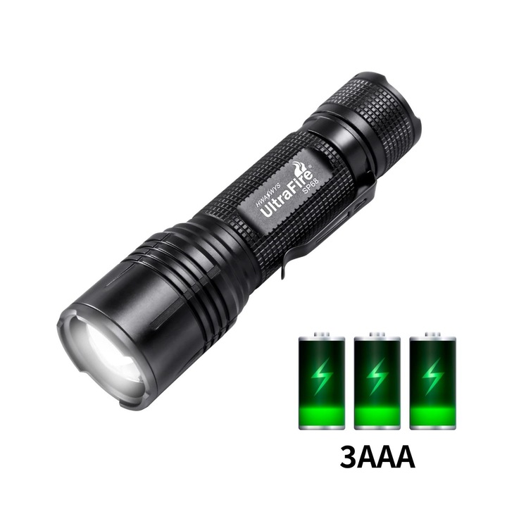 Мини LED фенер UltraFire, 1000 лумена, със зуум, 5 режима, AAA, Малък тактически фенер, Водоустойчив IPX5 (Пакет от 1)