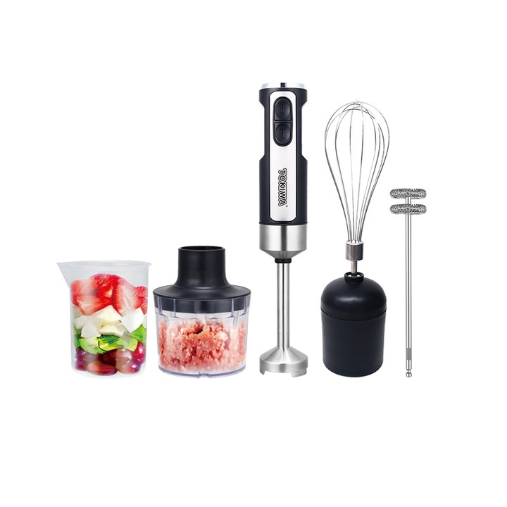 Комплект вертикален пасатор 5-в-1 TOKIWA®, многофункционален, без BPA, 400W, 3 скорости, смесване, смилане, разбиване на яйца, сметана, сребро/черно